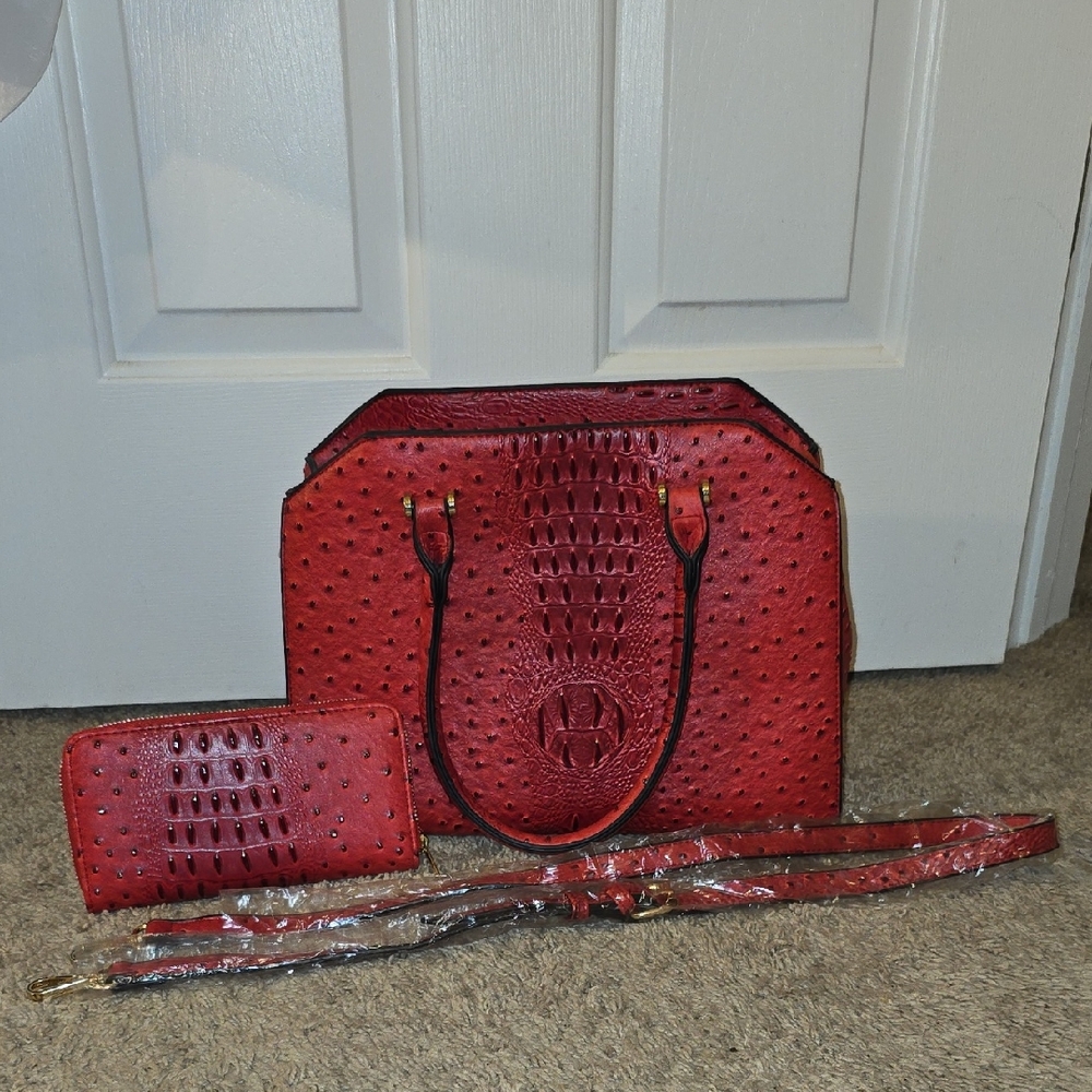 Elegant Red Women's Handbag and Wallet Set